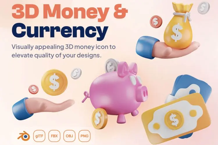 Mony – Money & Currency 3D Icon Set  20款3D趣味卡通金融货币交易储蓄钱包插图插画webp免抠图片素材