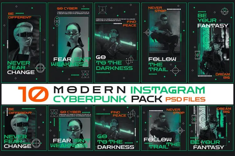 10 Modern Cyberpunk Instagram Pack  10款科幻未来赛博朋克人物角色相框信息介绍排版版式设计ps分层模板
