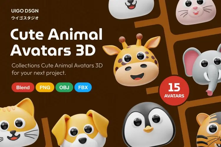 Cute Animal 3D Icon 15款趣味可爱3D渲染立体动物头像插画插图模型设计套装