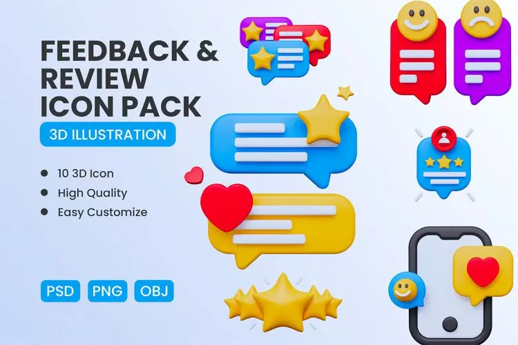 Social Media Feedback Rating 3D Icon 社交媒体服务满意度评级评分评价反馈3D图标icon透明背景webp免扣图片设计素材