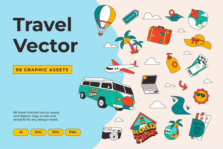 Travel Icons and Sticker Vector Assets 98款旅游出行度假主题扁平贴纸插图插画图片平面设计矢量素材
