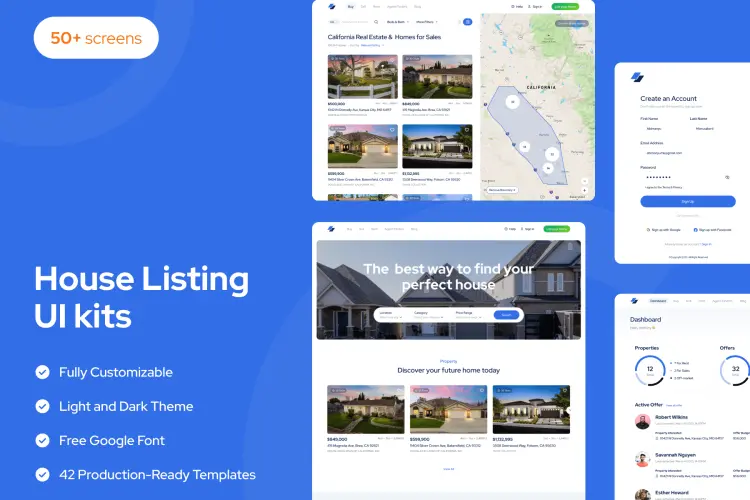 Homely – Property Listing Dashboard 50+屏高质量房屋出售租赁房地产软件APP界面设计套件素材