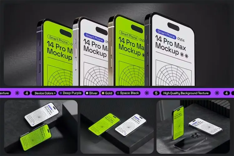 Realistic IPhone 14 Pro Max Psd Mockups  4款极简工业风iPhone 14手机app界面ui设计作品ps样机展示效果图
