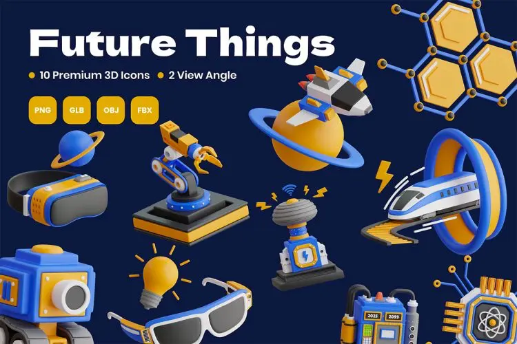 Future Things 3D Icon 20款未来科幻AI人工智能汽车无人机飞船3D图标Icons设计素材合集