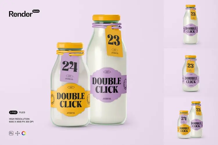 Glass Bottle Mockup  3款玻璃瓶牛奶饮料瓶子产品包装设计贴图ps样机素材展示效果图