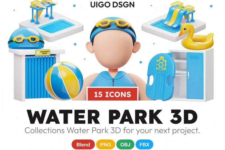 Water Park 3D Icon  15款卡通创意水上乐园游泳装备3D插图图标Icons设计素材包