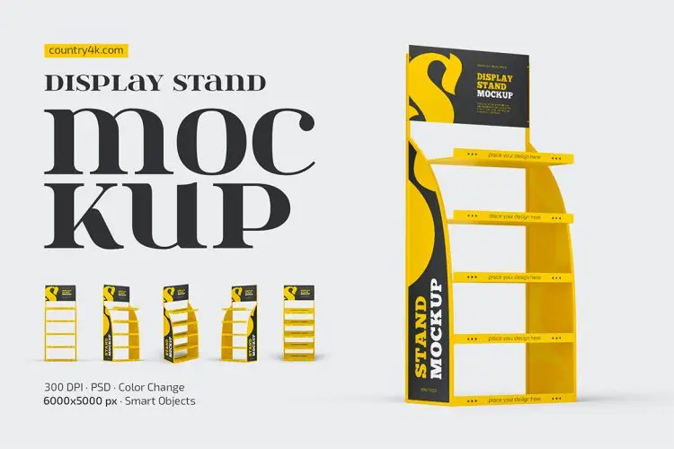Metallic Display Stand Mockup Set  5款超市零食货架陈列储物促销置物展示架设计ps样机素材效果图
