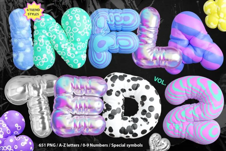 3D Inflated Type 2 Letters, Numbers  651款3D塑料铝箔趣味卡通字母数字符号气球webp免抠拼贴图片素材