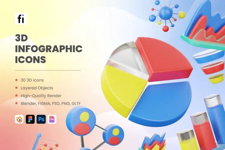 3D Infographic Icons  30款3D立体Infographic信息数据分析图表icon图标webp免抠图片素材