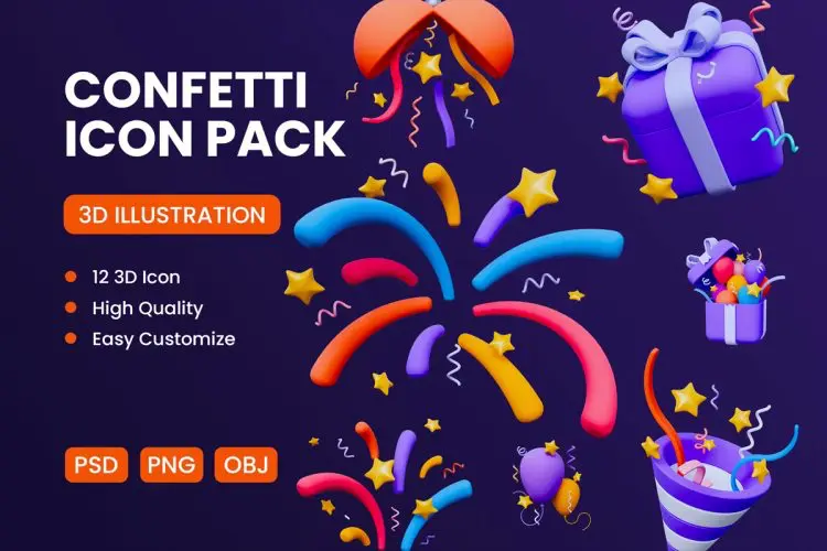 Confetti 3D Icon 节日庆典五彩纸屑礼盒气球3D图标icon设计素材webp免抠图片