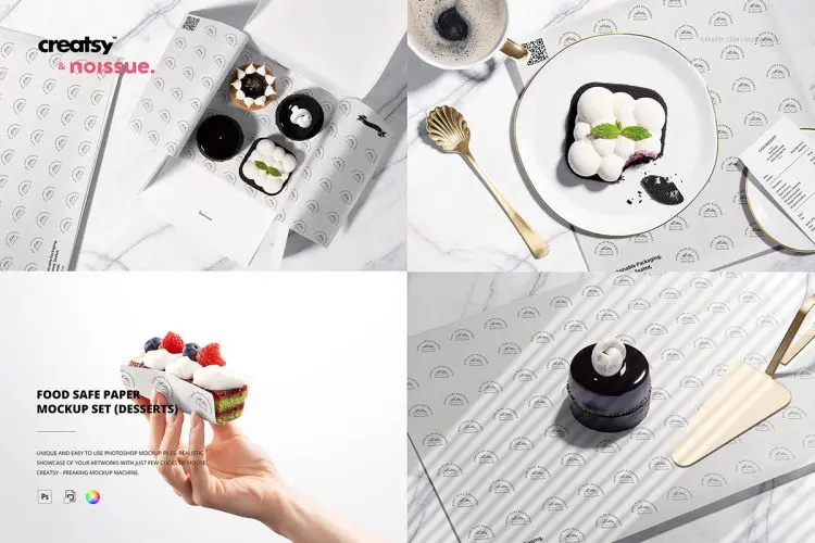 Food Safe Paper Mockup Set /desserts 蛋糕甜品下午茶食品包装纸印花图案设计贴图ps样机素材展示模板