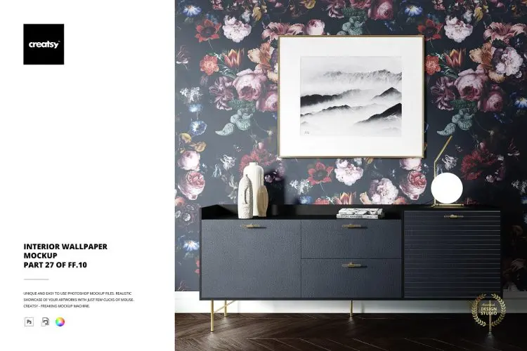 Interior Wallpaper Mockup (27FFv.10) 现代轻奢极简客厅餐边柜室内装饰画挂画图案设计贴图ps样机素材