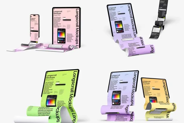 iPad and iPhone Longscroll Mockups 8款高级长卷轴APP网页界面设计作品集展示贴图PSD样机模板