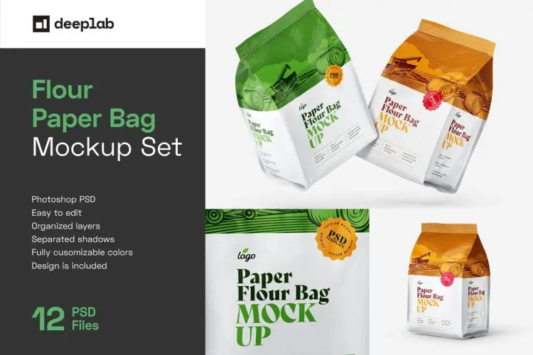 Paper Flour Bag Mockup Set Pouch 12款铝箔自立袋食品零食包装袋设计贴图ps样机素材展示效果模板