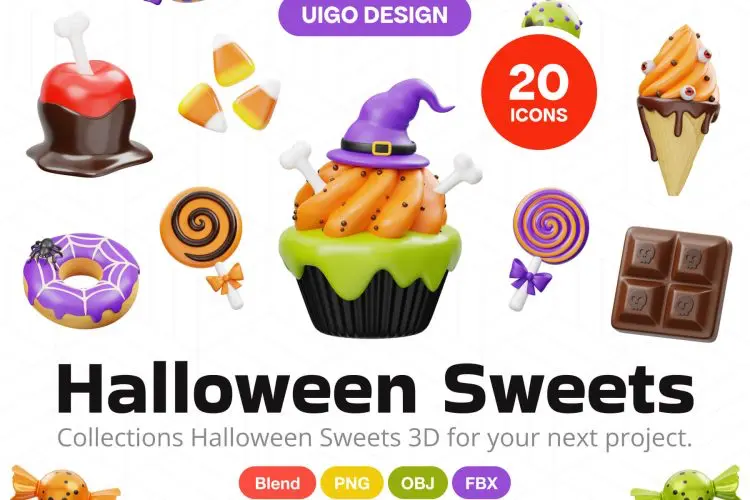 Halloween Sweet Candy Food 3D Icon 20款万圣节日巧克力糖果甜品主图3D图标插图插画icon设计素材webp免抠图片