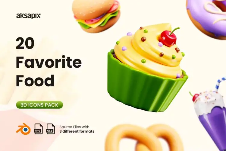 Favorite Food 3D Icon Pack  20款食物美食甜品主题插图3D立体图标icon设计素材