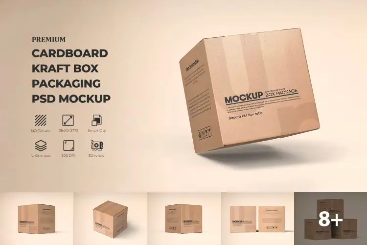 Square Kraft Paper Box Packaging  13款正方形牛皮纸打包盒收纳纸箱包装设计ps样机素材展示效果图