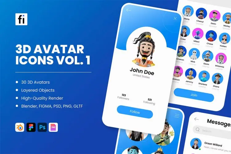 3D Avatar Icons – Vol 1  30种社交媒体卡通人物上半身头像插图插画图标ps分层设计素材