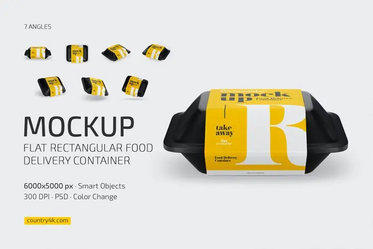 Flat Rectangular Food Delivery Container Mockup 盒饭食品外卖配送打装盒模型餐盒腰封包装设计贴图ps样机素材源文件