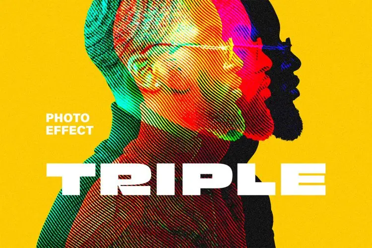Triple Halftone Exposure Photo Effect 多彩三重半色调曝光照片叠影故障风ps特效样机素材模板