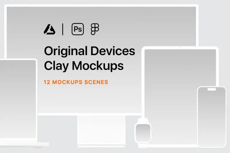 12 Clay Devices Mockups – 2024 12款款单色iPhone平板电脑手表笔记本显示器UI作品展示ps样机素材