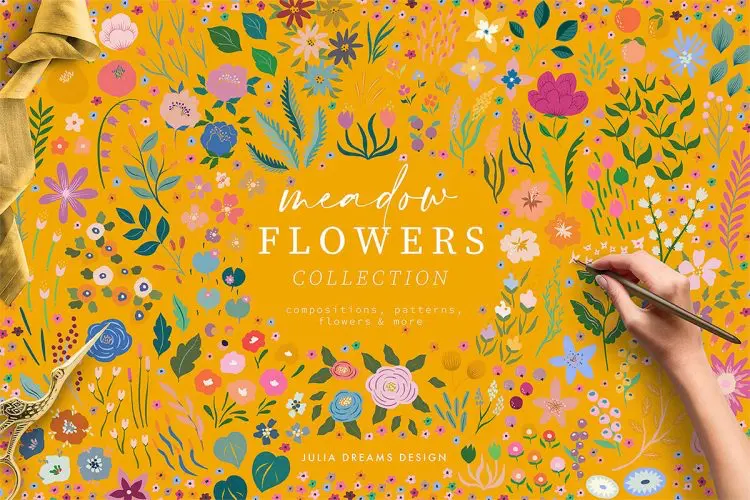 Meadow Flowers Collection 时尚优雅艺术手绘植物花卉插图插画无缝拼接图案纹样矢量设计素材