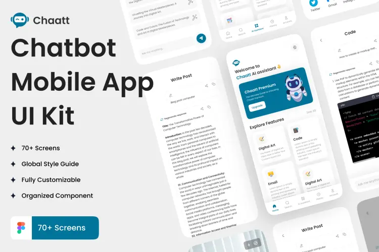 Chaatt –Chatbot App UI Kit 70屏国外人工智能Ai对话聊天app用户界面设计ui套件模板