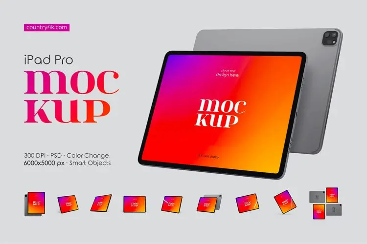 iPad Pro Mockup Set 苹果ipad Pro平板电脑设备模型屏幕展示设计贴图ps样机素材模板