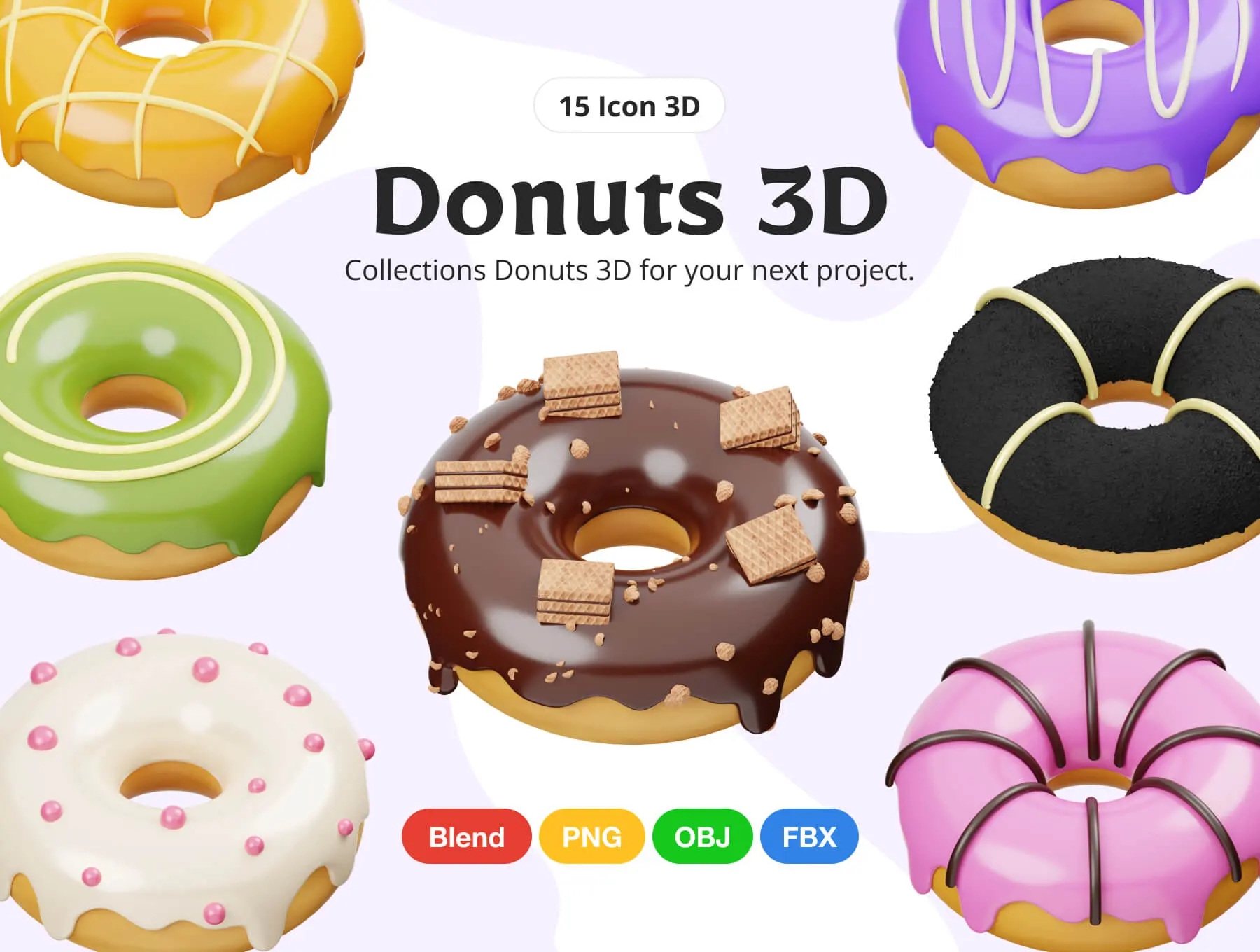 Donut 3D Illustration  15款3D卡通甜甜圈快餐甜品美食插图插画webp免抠图片设计素材