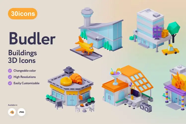 Budler – 3D Buildings Icons 30款房屋建筑地标插图插画设计素材webp免抠图片