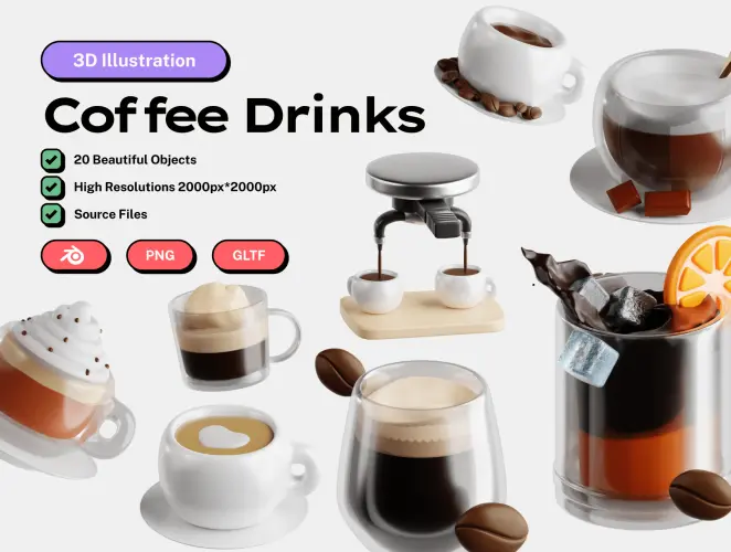 Coffee Drinks 3D Icon Set 20款咖啡店咖啡制作设备手机网页应用演示插图3D图标icon设计素材