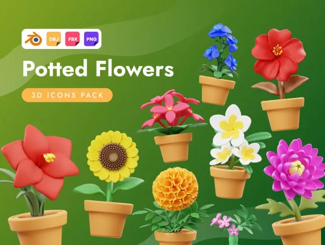 Potted Flowers 3D Icon  15款时尚3D向日葵郁金香雏菊植物花卉插图插画webp免抠图片设计素材