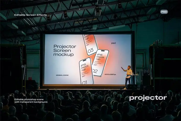 Projector Screen Mockup 公司会议投影仪屏幕模型展示设计贴图ps样机素材