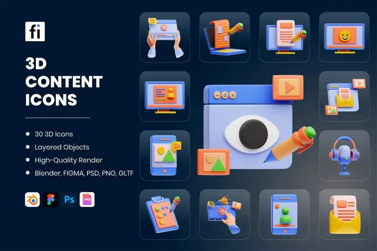 3D Content Icons  30款3D立体多媒体营销展示卡通站位插图图标icon设计素材ps分层改色模板