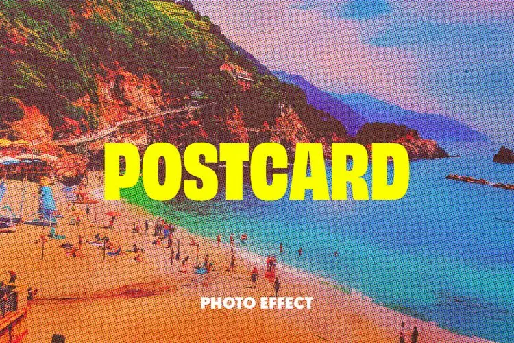 Halftone Postcard Photo Effect 潮流复古怀旧半调颗粒噪点图像老照片明星片滤镜ps样机特效模板