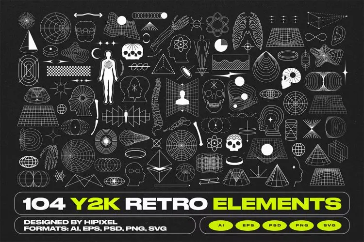 Y2K Retro Elements Pack Y2K抽象复古几何图形酸性线框科幻赛博朋克元素矢量设计素材