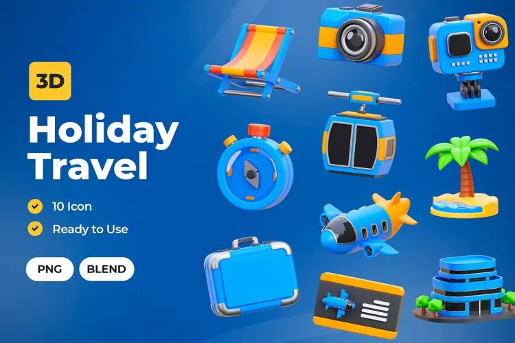 Holiday Vacation 3D Icons 20款旅游出行度假住宿预订行程计划3D图标icon素材webp免抠图文件