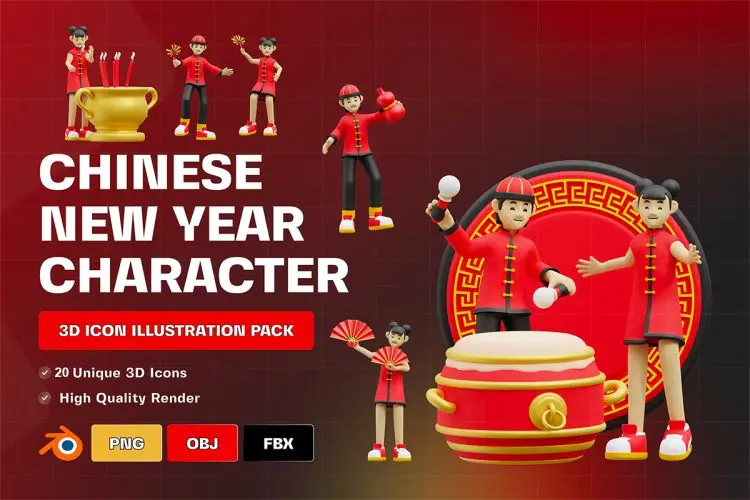 Chinese New Year Character 3D Illustration 20款中国传统新年春节装饰元素3D图标icon设计素材webp免抠图