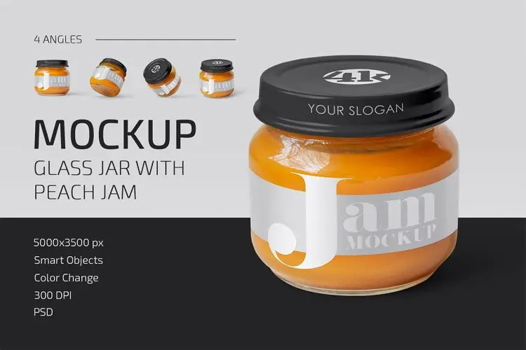 Glass Jar with Peach Jam Mockup Set 果酱玻璃罐瓶模型品牌包装设计贴图ps样机素材
