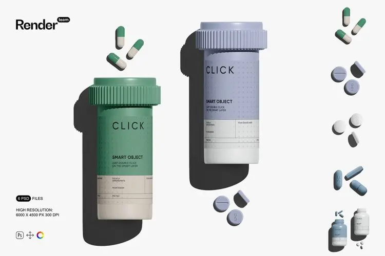 Pills and Bottle Mockup Set  6款药品药丸保健品药片瓶子收纳包装设计ps样机素材展示效果图