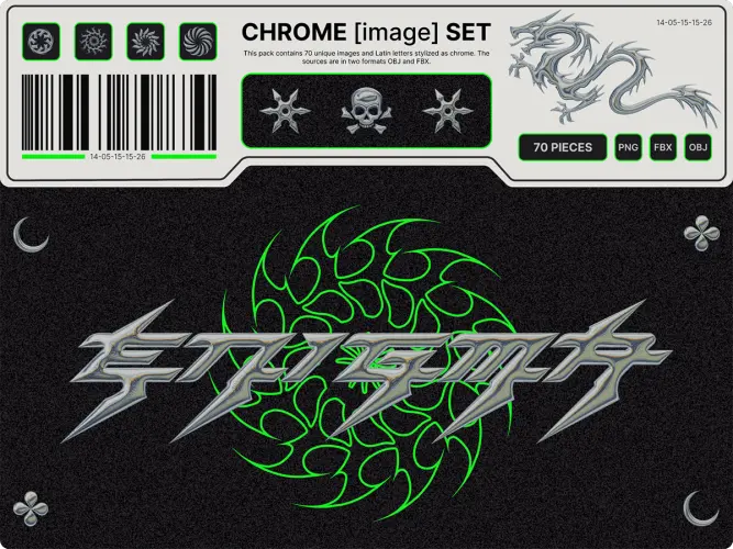 Enigma Chrome Set  70款复古科幻潮流3D金属镀铬镭射图标几何图形webp免抠图片素材