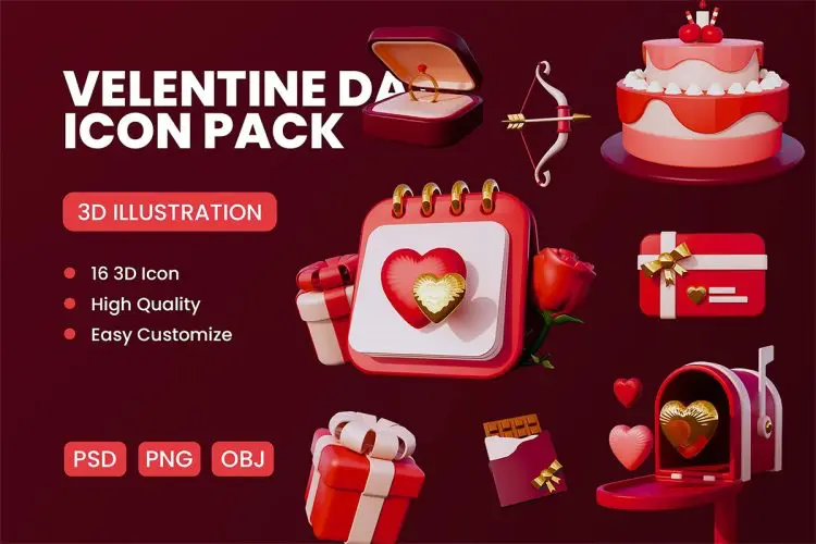 Happy Valentine Day 3D Icon 16款浪漫情人节日派对礼物装饰元素3D图标icon设计素材
