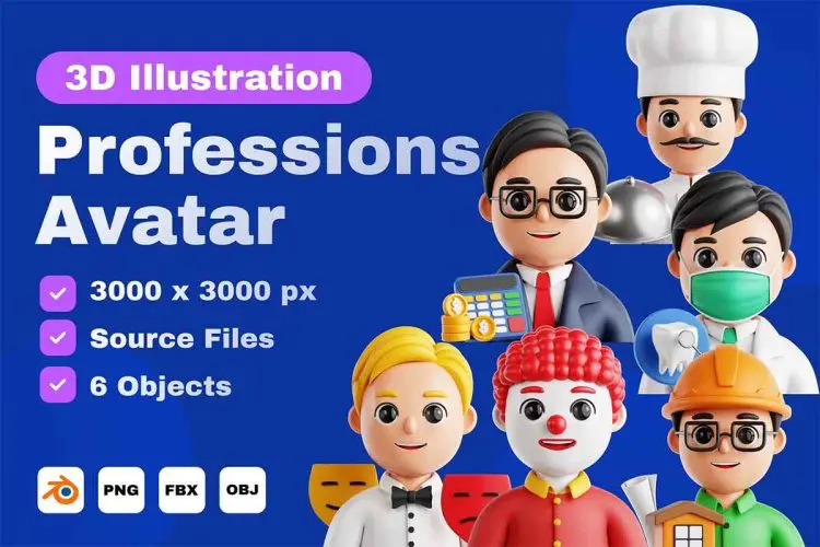 Professions 3D Icon Set 30款趣味时尚3D立体卡通人物头像插图插画webp免抠图片设计素材