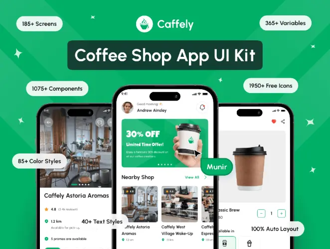 Caffely – Coffee Shop App UI Kit  185屏清新整洁咖啡快餐食品预订外卖app界面设计ui模板明暗模式