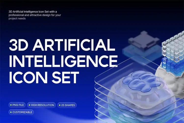 3D Artificial Intelligence Icon Set  25款未来科技Ai人工智能技术营销展示3D插图icon图标webp免抠图设计素材