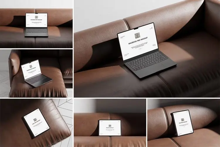 Macbook and iPad Mockup 沙发上的苹果笔记本和平板电脑样机模型展示设计贴图ps样机素材