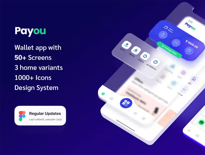 Payou digital wallet app UI kit  50屏银行金融数字钱包电子支付app界面设计蓝色UI套件国外设计素材