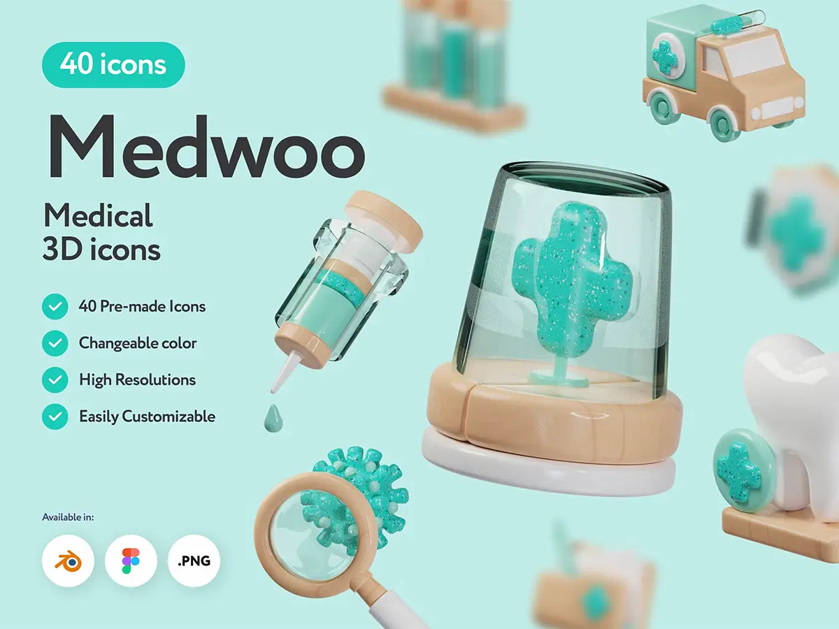 Medwoo Medical 3D Icons 40款高级医院医疗健康药品陶瓷质感3D立体图标Icons设计素材