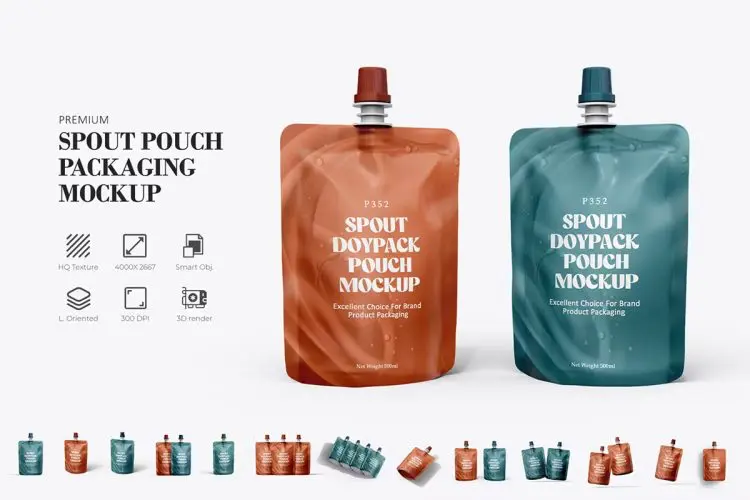 Spout Pouch Couple Packaging Mockup 13款带吸嘴的果冻果汁饮料自立袋模型品牌包装设计贴图ps样机素材