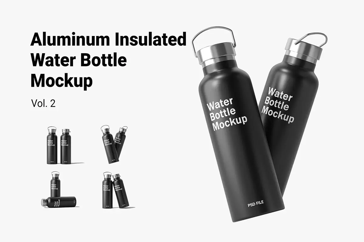 Aluminum Insulated Water Bottle Mockup Vol.2 不锈钢金属保温水瓶水壶模型品牌包装logo标识设计贴图ps样机素材